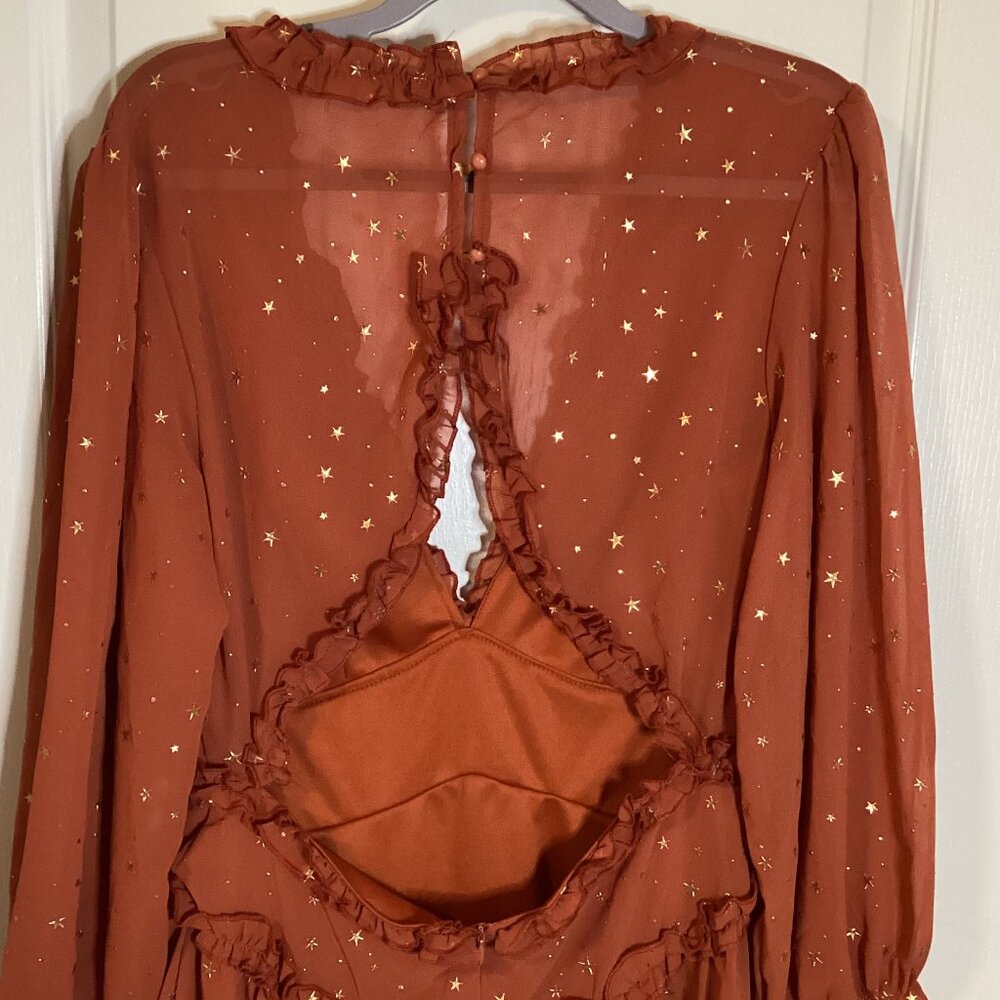 Women's Rusty Glitter Stars Backless Ruffle Sheer Dress Mini V Neck - Picture 8 of 13